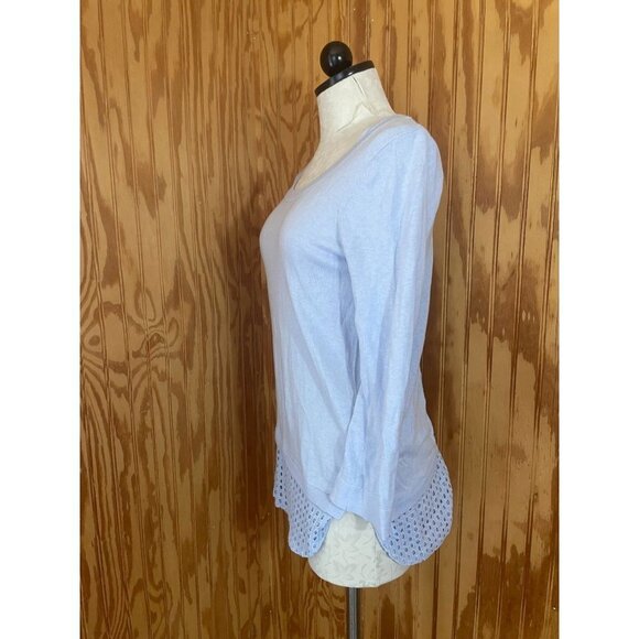 Moth Long Sleeve Eyelet Hem Tunic Top Round Neck Casual Button Modal Blue S/P - Picture 3 of 9